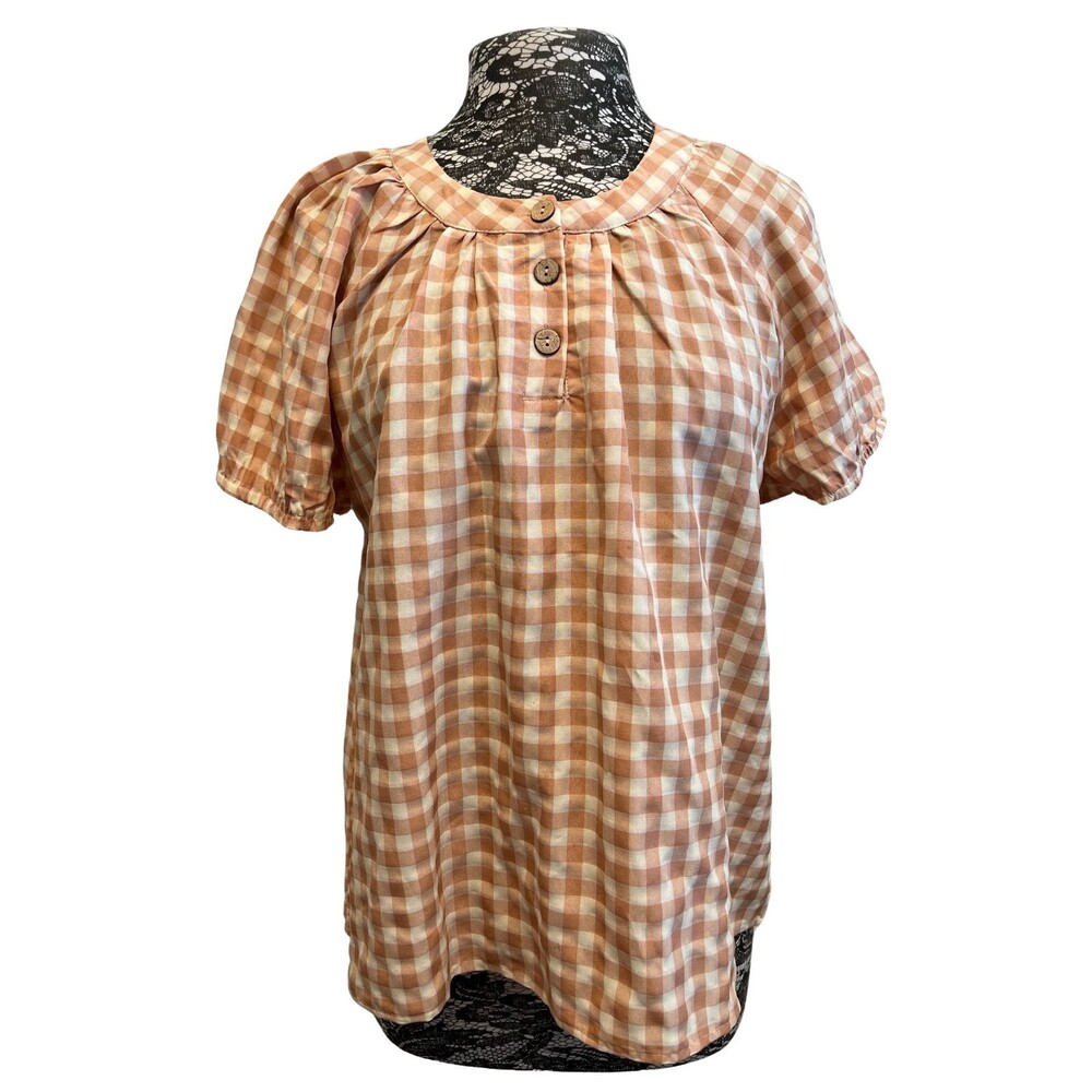 Hayden Los Angeles Women's Plaid Gingham Shirt Tan White‎ Popover Puff Sleeve M